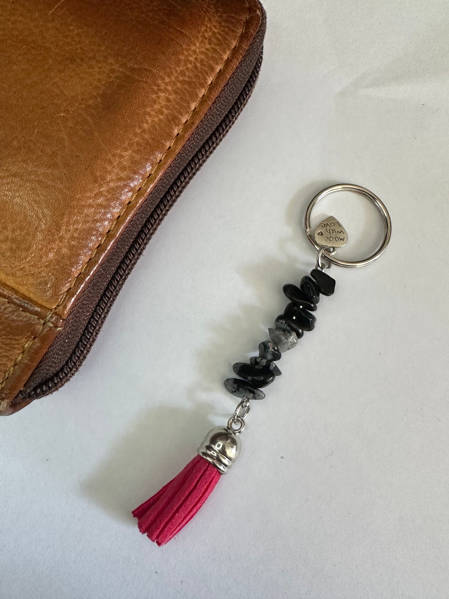 Snowflake Obsidian Keyring with Hot Pink Tassel