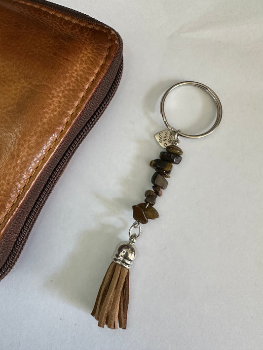 Tigers Eye Keyring with Tan Tassel