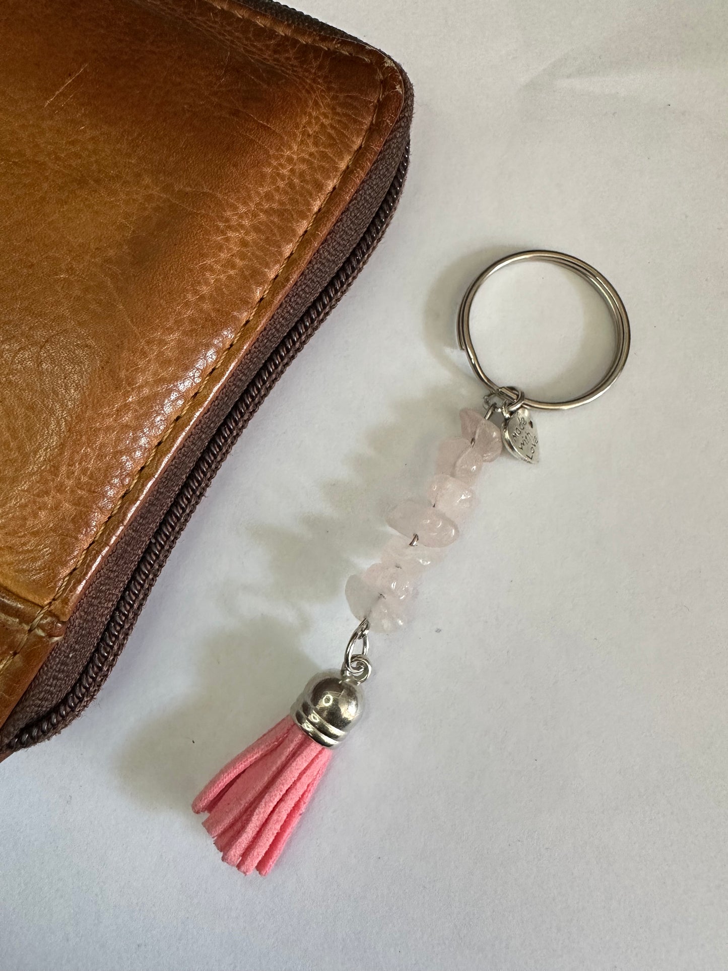 Rose Quartz Keyring with Pink Tassel