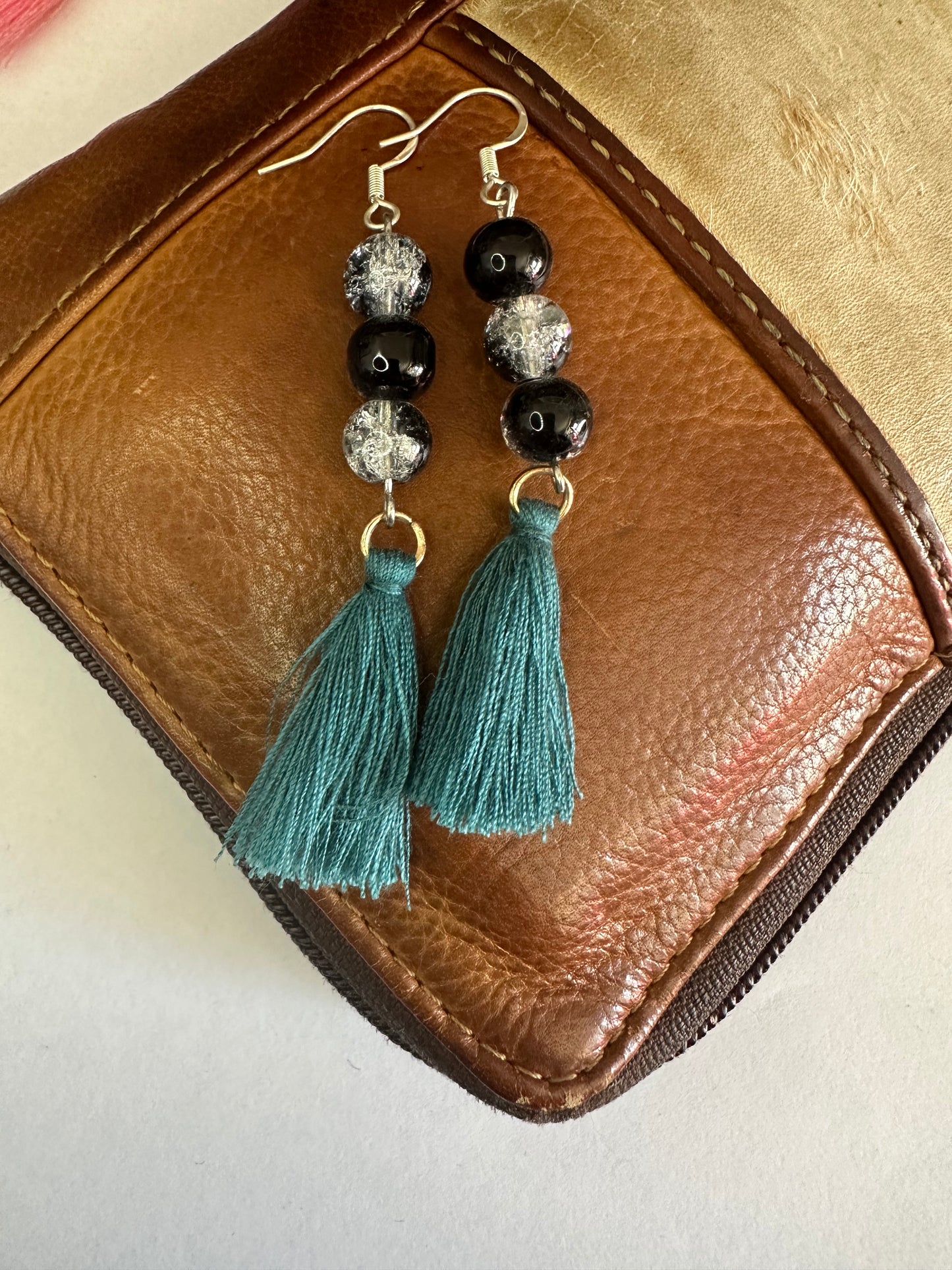 Black with Green Tassel Earrings