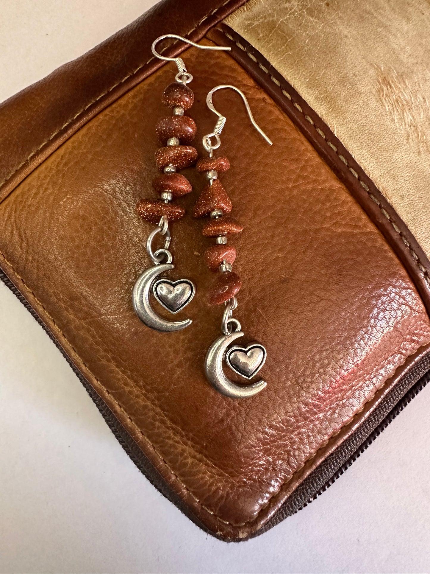 Goldstone Moon Heart Earrings