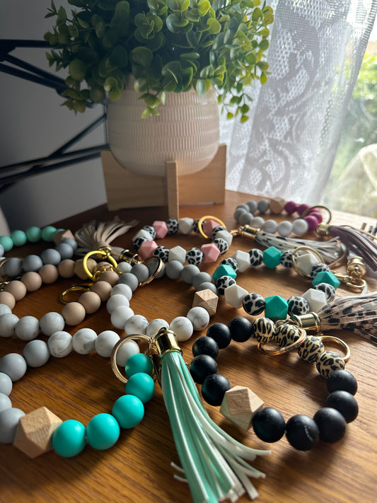 Beaded Bracelet with Keychain Attachment and Tassel